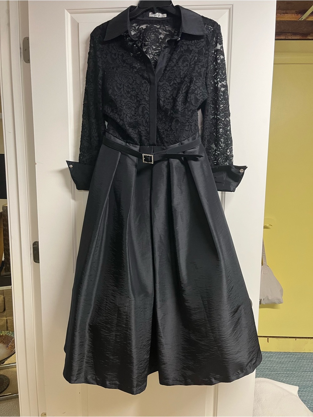 Eliza J Black Lace Bodice Satin Fit-and-Flare Dress